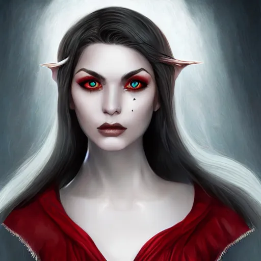 Image similar to Digital portrait of a beautiful half-elf half-vampire young woman. Her hair have black and white strands. Red irises, vertical pupils. Award-winning digital art, trending on ArtStation