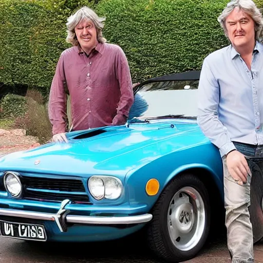 Prompt: James May proudly drives a Bobby Car
