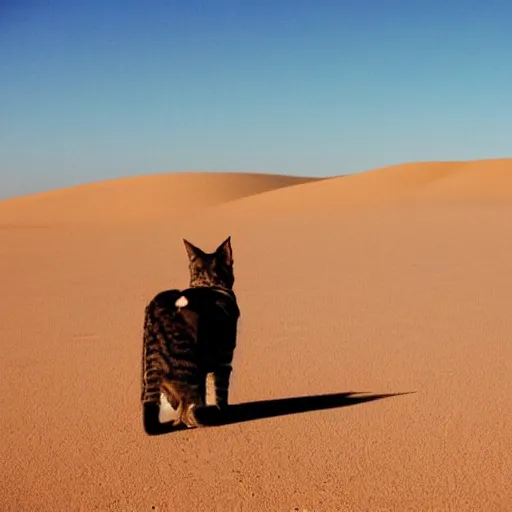 Prompt: photo taken on a pentax a cat witn a sombrero on his head, who riding on top of a donkev. thev in the middle of the sahara dessert.