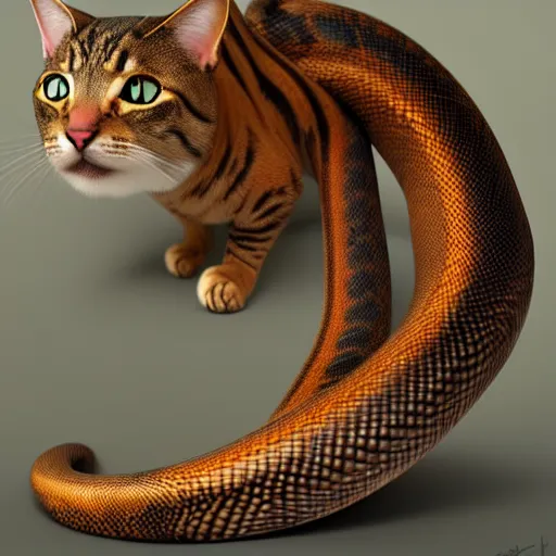 Prompt: a fusion of a cat fused with a snake, hyperdetailed, artstation, cgsociety, 8 k