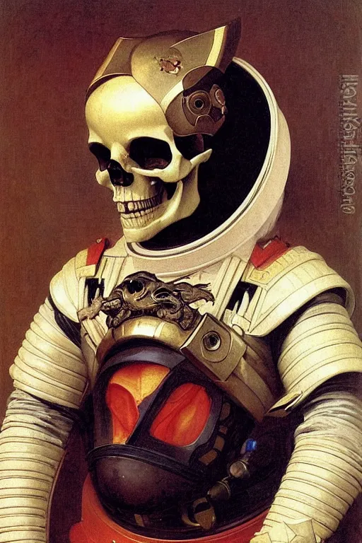 Image similar to portrait of a skull man astronaut with chinese dragon armor and helmet, majestic, solemn, by bouguereau