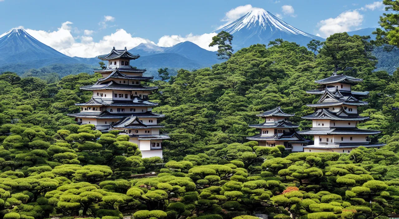 Prompt: a Japanese castle, with a garden as foreground, with mountains as background