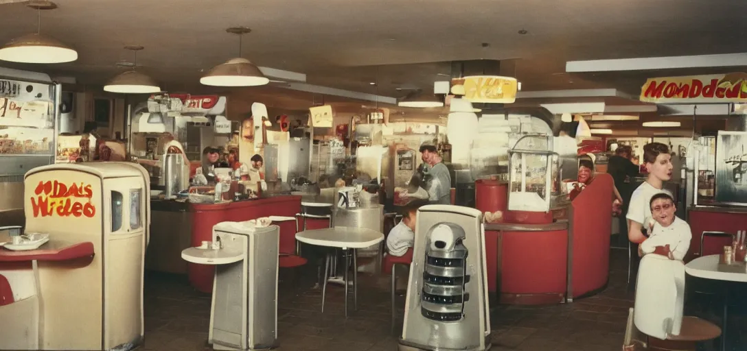 Prompt: daleks inside a vintage McDonalds working at the counter, hamburgers and soda, happy family, kodak Ektachrome 10, 35mm