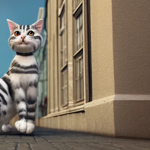 Prompt: a portrait of a cute gray and white striped cat, walking down a street in Copenhagen, Danish architecture, trending on cg society, 3d zbrush render with fur, rim lighting, digital oil painting by Norman Rockwell