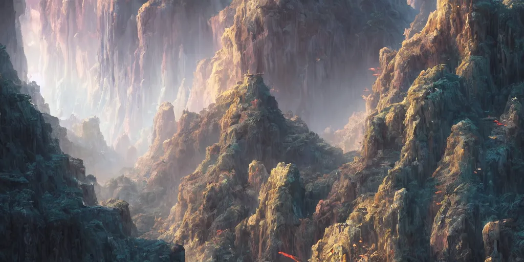 Image similar to fantasy painting of a cloudy canyon, intricate abstract. delicate artwork. by tooth wu, wlop, beeple, dan mumford. octane render, trending on artstation, greg rutkowski very coherent symmetrical artwork. cinematic, hyper realism, high detail, octane render, 8 k, depth of field, bokeh. chrome accents.