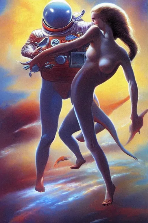 Prompt: Boris Vallejo art of a beautiful female cosmonaut fighting an alien.