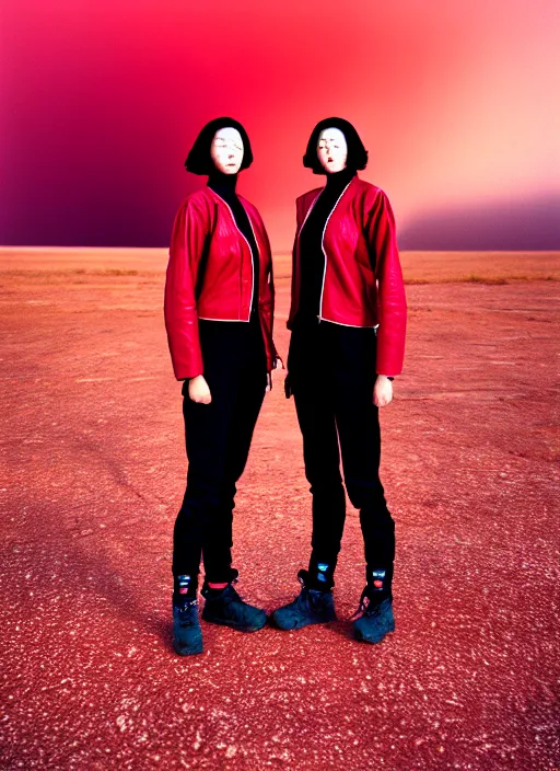 Image similar to photographic portrait shot on cinestill 5 0 d of two loving clones, techwear women on a desolate plain with a red sky, diverse, in front of a brutalist dark metal facility, dust storm, 3 5 mm, 8 k, depth of field, high resolution, ultra realistic faces