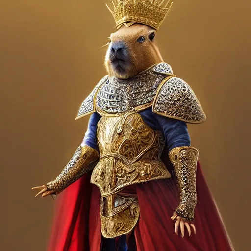 Image similar to detailed photorealistic painting of a capybara wearing a highly detailed ornamented gold crown with diamonds, in a medieval knight armor with red cape , holding a chess piece, sharp focus in the style of ruan jia, Mandy jurgens, cinematic light, concept art, trending on artstation, ultra realistic