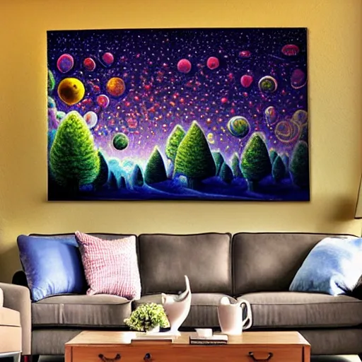 Image similar to psychedelic trippy couch pine forest planets milky way sofa cartoon by rob gonsalves