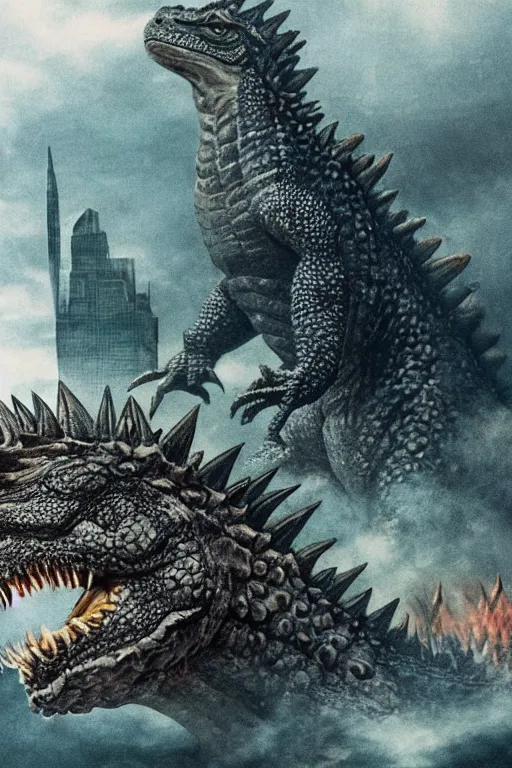 Prompt: Godzilla, kaiju, sea creature, crocodile, iguana, dragon, spikes, sharp teeth, scary look, angry