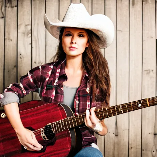 Image similar to a female fox animal, wearing cowboy hat, wearing plaid shirt, playing guitar, inside a barn, album cover style