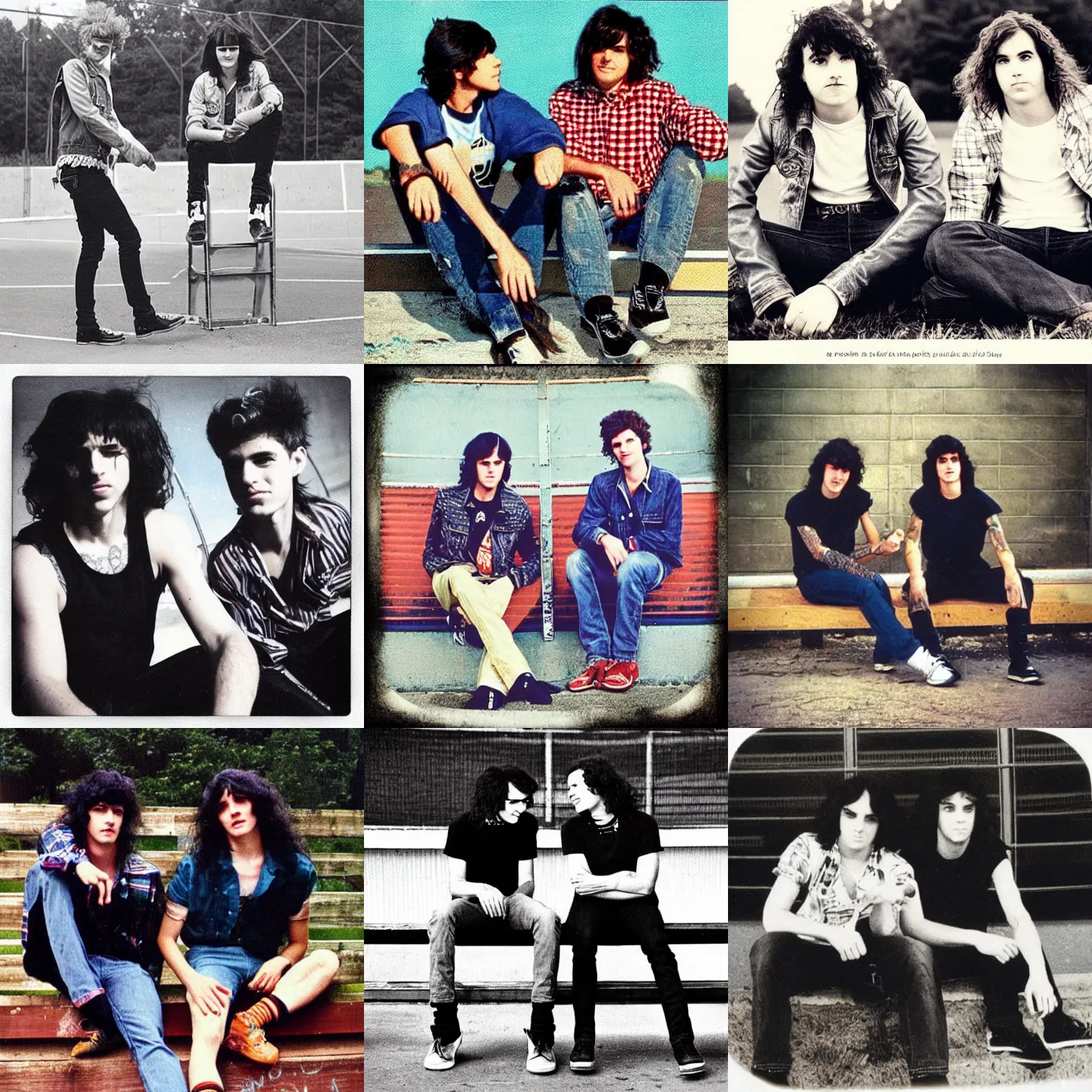 Prompt: “vintage 80s ad of two punk rock young men with long dark hair sitting on outdoor bleachers”