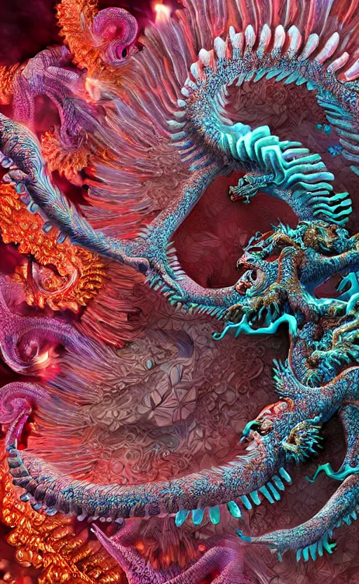 Image similar to dragon, intricate, eagle coral, jelly fish, feathers, mandelbulb 3 d, fractal flame, octane render, cyborg, biomechanical, futuristic, by ernst haeckel