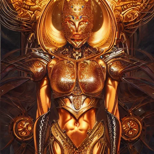 Image similar to a beautiful symmetrical muscular body wearing an armor made of golden ornaments and gems by alex gray and android jones , Karol Bak, Ayami Kojima, Amano , 3D, 8k resolution