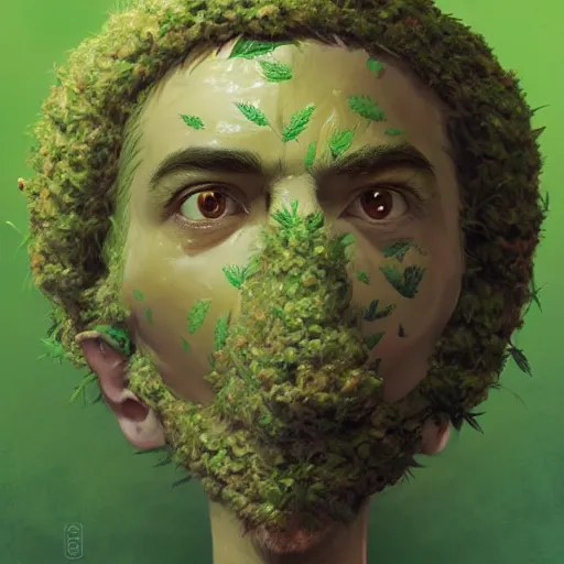 Prompt: a man made of hemp, with a head in the form of a cannabis bloom, like baby grut, green skin, character, art by james jean and greg rutkowski!!, realistic face, digital art, chibi style, golden ratio, perfect composition, trending on artstation, 8 k