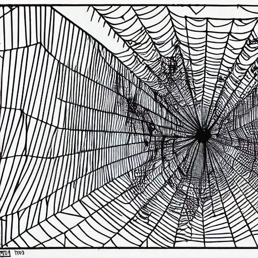 Prompt: An interlocking series of rectangular nodes driven by vortices singling out a spider web premised upon the suffering of all man