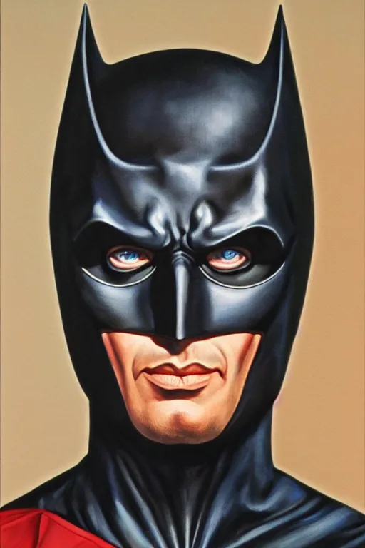 Prompt: beautiful oil painting of adam west batman 1 9 6 6 by chie yoshii, full body portrait, space, symmetrical face, dramatic lighting