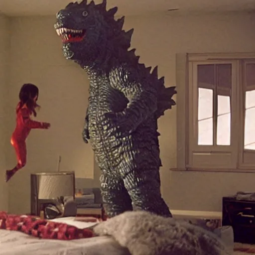 Prompt: Godzilla in a onesie in his bedroom