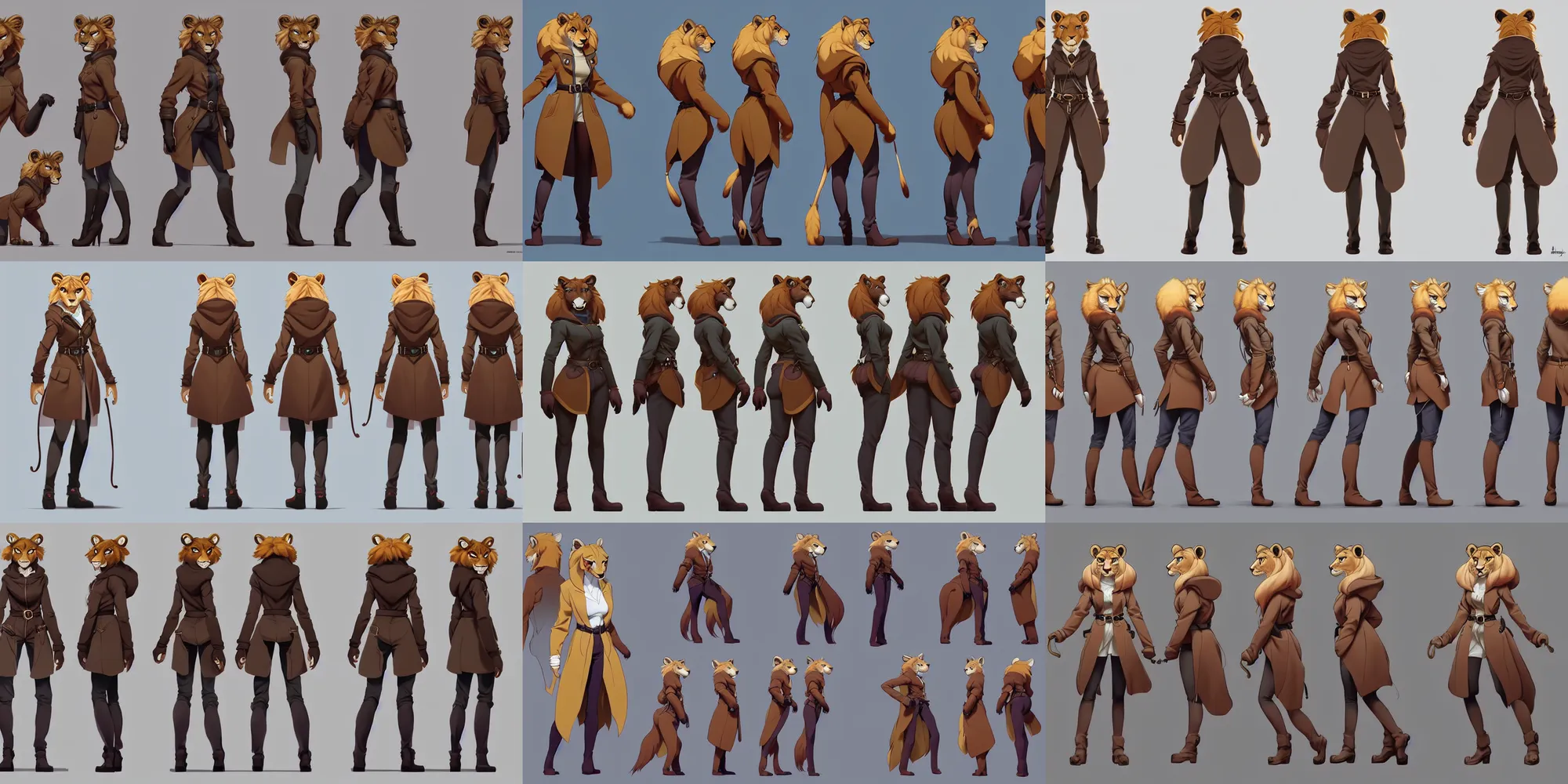 Prompt: beautiful full body character reference sheet with front, back and side profiles of a strong female anthropomorphic lioness fursona wearing a fantasy long coat with belts, zippers and pouches. character design by disney, anime, manga, charlie bowater, ross tran, artgerm, and makoto shinkai, detailed, soft lighting, rendered in octane