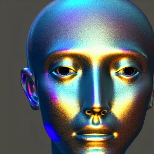 Image similar to 3d render of holographic human robotic head made of glossy iridescent, surrealistic 3d illustration of a human face non-binary, non binary model, 3d model human, cryengine, made of holographic texture, holographic material, holographic rainbow, concept of cyborg and artificial intelligence