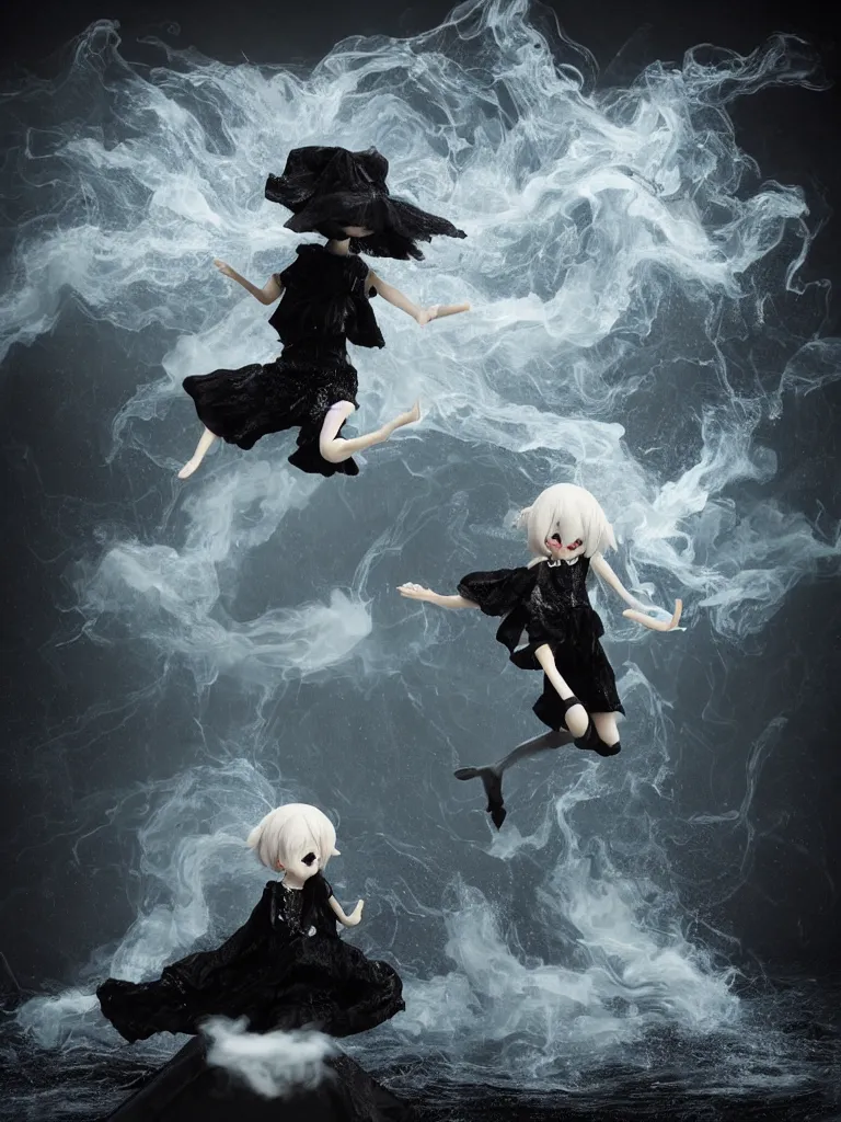 Prompt: cute fumo plush of a cursed frail witch girl jumping into an inky black reflective pond of blackness swirling with strange energetic fluid, volumetric smoke and fog, diving splash, goth, vignette, vray