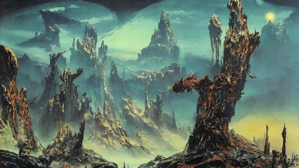 Image similar to surreal eerie alien planet empire by frank frazetta and bruce pennington, cinematic matte painting