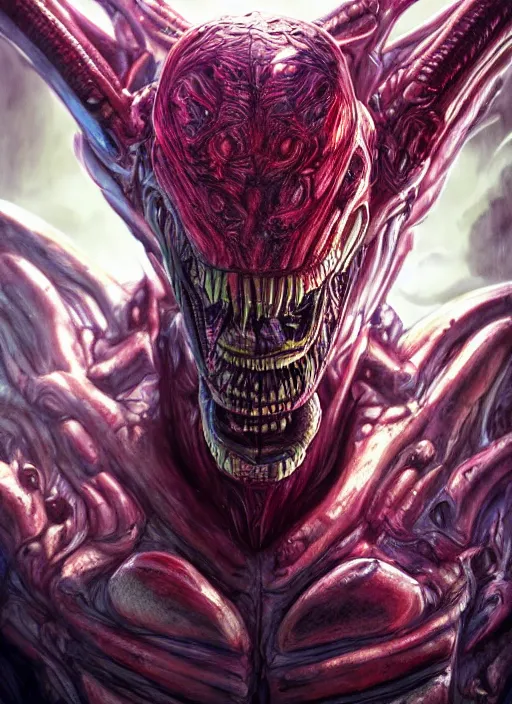 Image similar to a xenomorph with the face of vin diesel, monster anatomy, ross tran, vivid colors, anatomical, highly detailed sculpture, intricate detailed, ommatidia, 8 k, cinematic atmosphere, post - processing