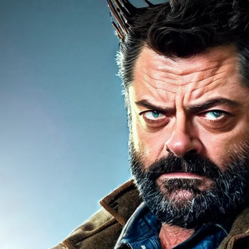 Prompt: logan wolverine pictured as nick offerman with 3 identical claws released off his wrist, photorealistic marvel movie still, imdb, detailed, 8 k, poster photosession style