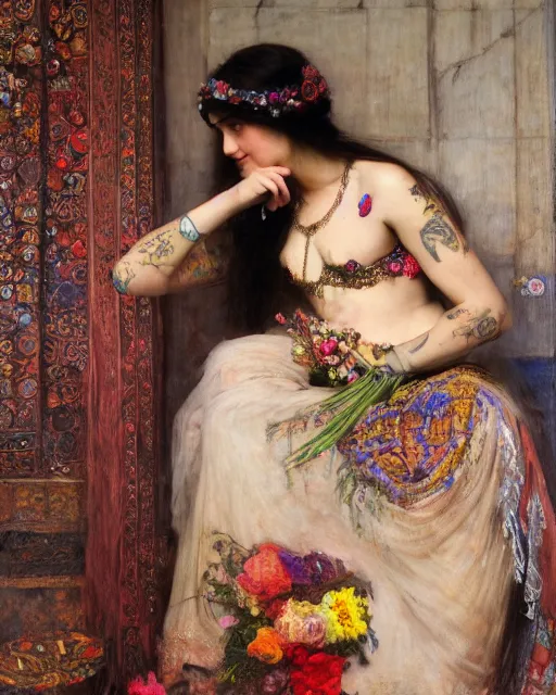 Image similar to a beautiful girl in a wedding dress with colourful tattoos surrounded by colourful flowers orientalist intricate portrait by john william waterhouse and edwin longsden long and theodore ralli and nasreddine dinet, oil on canvas. cinematic, hyper realism, dramatic lighting, high detail 8 k