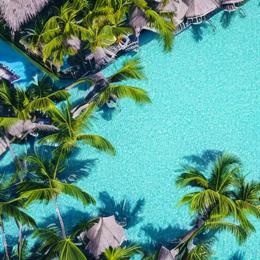 Prompt: high quality color aerial view photo of a tropical island with a sparkling pool and palm tree leaves on the edges, pastel faded effect, synthwave colors