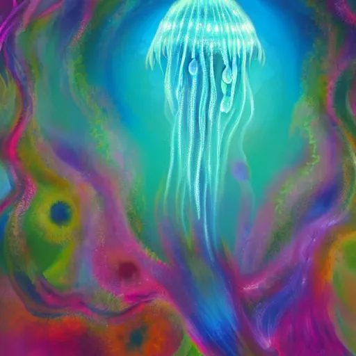 Image similar to furry jellyfish creature in magical realism luminescent airbrush underwater mystical world detailed painting 4 k