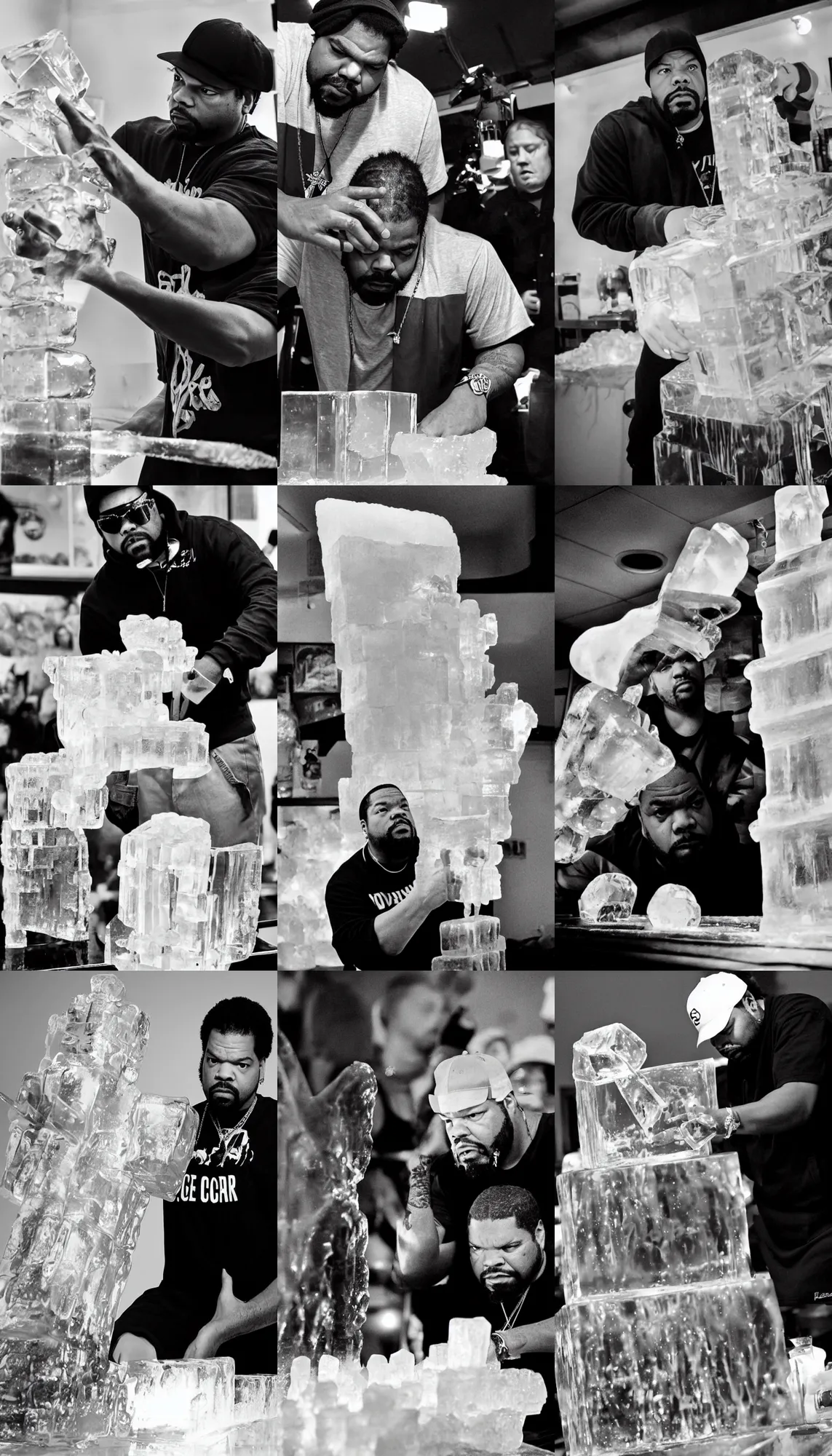 Prompt: dramatic photo, the rapper'ice cube'making an ice sculpture of the rapper'ice cube'