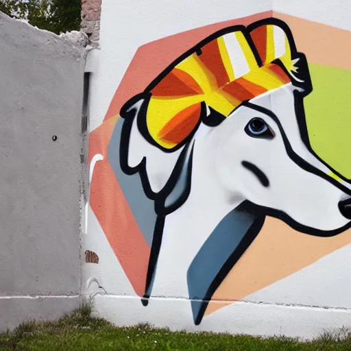 Image similar to graffiti mural of a white greyhound wearing a panama hat
