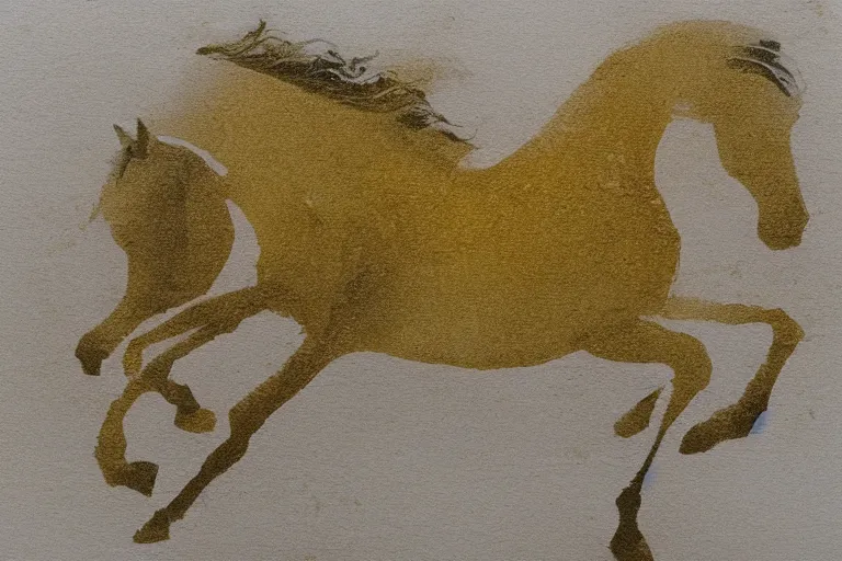 Image similar to beautiful serene horse, healing through motion, minimalistic golden ink aribrush painting on white background