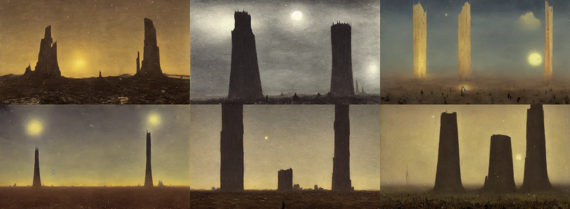 Prompt: The Tower of Nectarlia that stands stark against a winter sky, only one mega-building on a single planet, but still the center of the human-populated Universe; detailed painting in the style of Futurism and Alfredo Ambrosi, Tonalism by Albert Pinkham Ryder, George Inness, James McNeill Whistler and Frank Frank Frazetta, giant heroic portrait paintings and line-drawings. trending on artstation:2