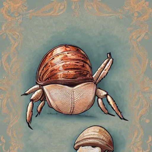 Prompt: illustration of one small standalone highly detailed hermitcrab! paguro crab in a shell, with flemish baroque rococo unexpected steampunk elements. seen from the distance hd! matte paper background. childrenbook in soft natural pastel tones