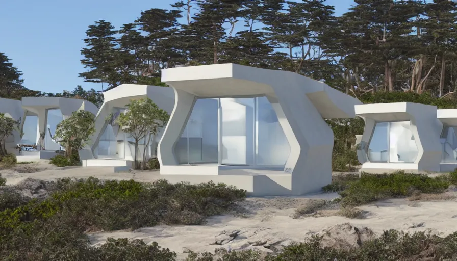 Image similar to An architectural rending of an eco-community neighborhood of innovative contemporary 3D printed sea ranch style cabins with rounded corners and angles, beveled edges, made of cement and concrete, organic architecture, on the California coastline with side walks, parks and public space , Designed by Gucci and Wes Anderson, golden hour