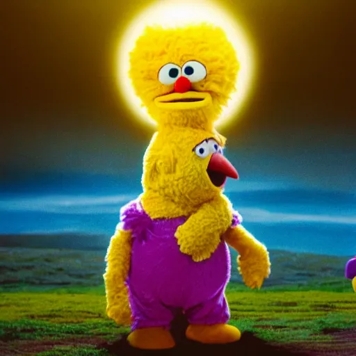 Prompt: big bird from Sesame street fist fighting a teletubby, the baby sun from teletubbies crying in the background, 4k