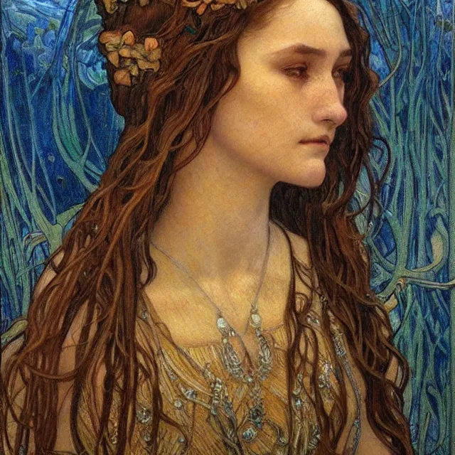 Image similar to detailed realistic beautiful young medieval queen face portrait by jean delville, alphonse mucha, vincent van gogh, and marco mazzoni, art nouveau, symbolist, visionary, gothic, pre - raphaelite