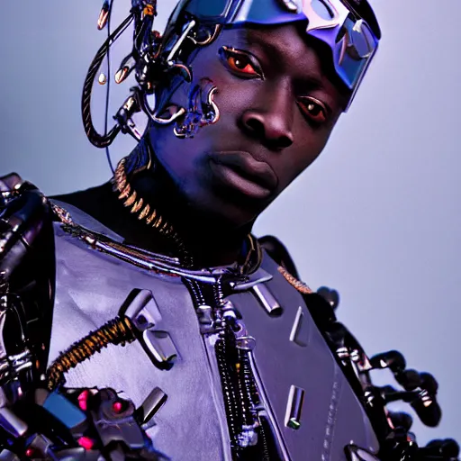 Image similar to a cinematic film still of rapper unotheactivist as a cybernetic cyborg, cgi, surrealism, film photography