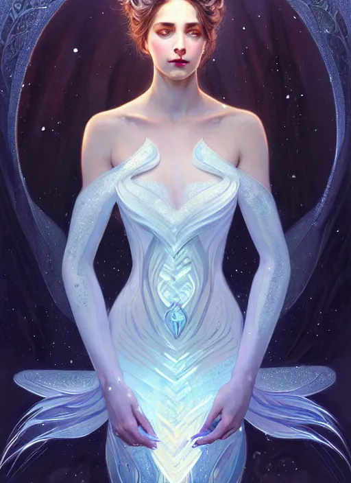 Image similar to a beautiful cinematic female winter goddess, cristal dress, ice wing, galatic shamen with quantum energy fantasy, fantasy magic, undercut hairstyle, dark light night, intricate, elegant, sharp focus, illustration, highly detailed, digital painting, concept art, matte, art by wlop and artgerm and greg rutkowski and alphonse mucha, masterpiece