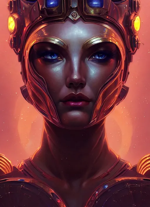 Prompt: the godess hera looking angry, sci - fi armour, tech wear, glowing lights, sci - fi, intricate, elegant, highly detailed, digital painting, artstation, concept art, smooth, sharp focus, illustration, art by artgerm and greg rutkowski and alphonse mucha