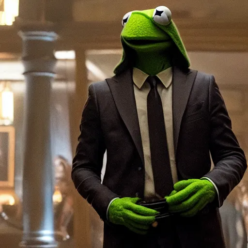 Image similar to Kermit the Frog as John Wick in a still from the film John Wick (2014)