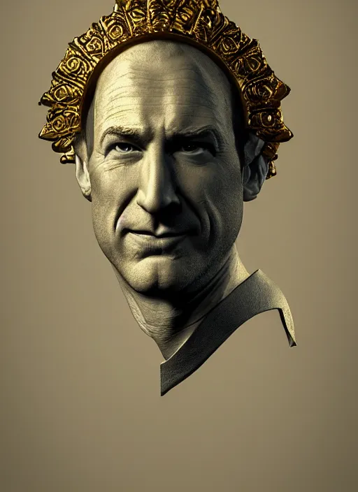 Image similar to portrait of bob odenkirk in cement, with a gold laurel wreath on head, dramatic rendering, fantasy, medieval wear, intricate, elegant, highly detailed, artstation, concept art, smooth, sharp focus, sculpture!!