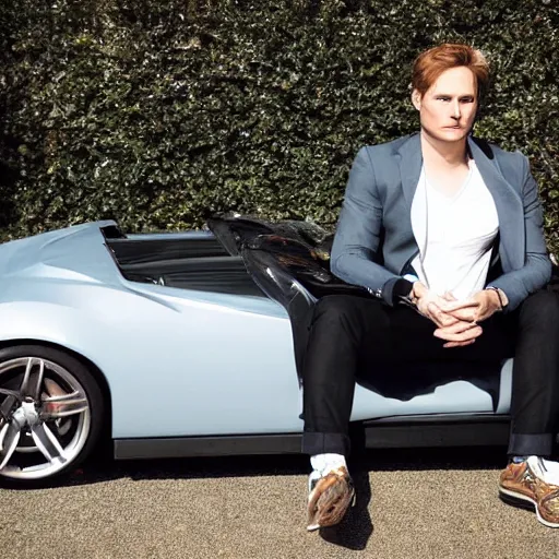 Prompt: Carlisle Cullen gazing longingly at a sports car Instagram post