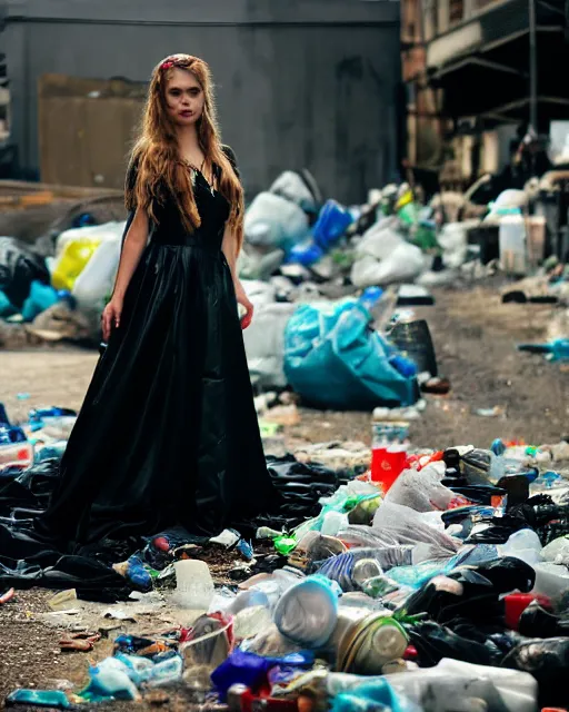 Image similar to a beautiful photo of a Young female with long hair and reflective eyes, Queen of trash wearing a gown made black and blue plastic trash bags and plastic bottles , surrounded by trash all around and in the background, top cinematic lighting , cinematic mood, very detailed, shot in canon 50mm f/1.2