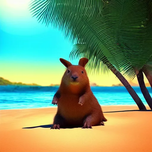 Prompt: “two best friend capybara and bunny with black spots on face and nose, on a beach with blue water and white sand, swaying palms, photorealistic render, colorful sunset, unreal engine 5, dynamic lighting, trending on artstation,”