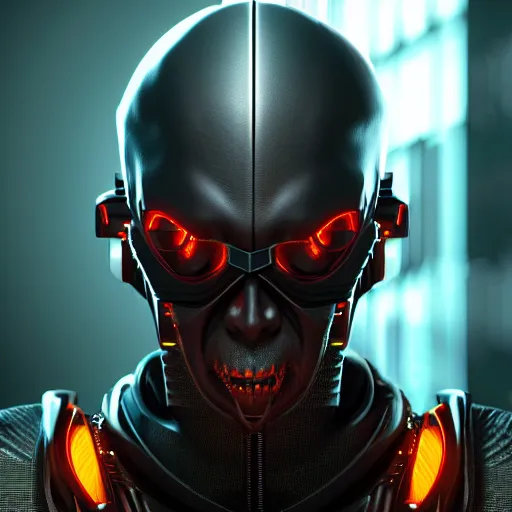 Image similar to evil cyberpunk dark lord, highly detailed, photorealistic portrait, bright studio setting, studio lighting, crisp quality and light reflections, unreal engine 5 quality render