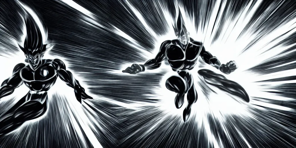 Image similar to a simple black and white pencil storyboard of a giant humanoid athletic sleek futuristic humanoid android powering up as small floating particles swirl around it, lines of energy, going supersaiyan