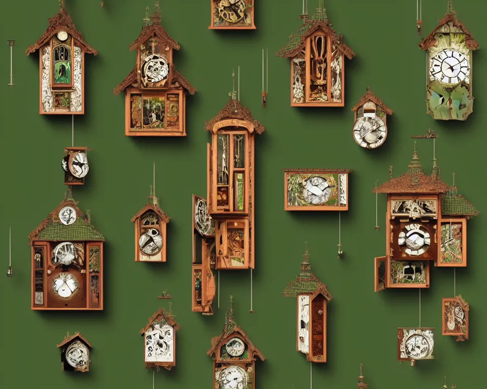 Image similar to an achingly beautiful print of dozens of ornate cuckoo clocks on a dark green wall by Raphael, Hopper, and Rene Magritte. detailed, romantic, enchanting, trending on artstation.